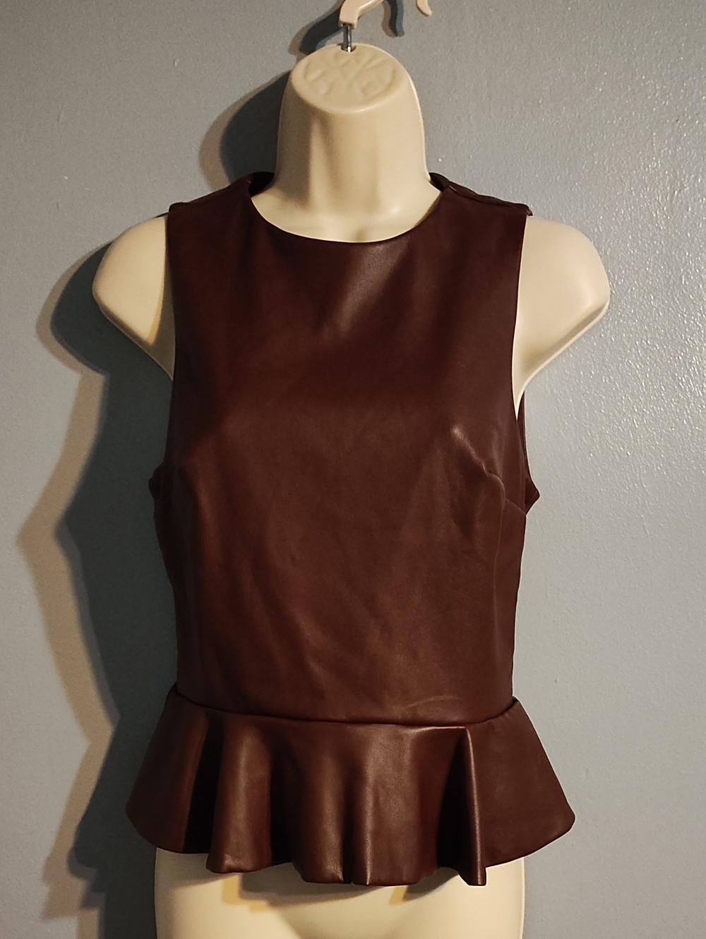 Express Faux Leather Peplum Top in Dark Brown Color